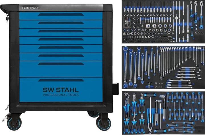 Actual product image SW-Stahl Z3208 Professional workshop trolley TT802 blue I 8 drawers I 3 drawers filled I 304 parts I