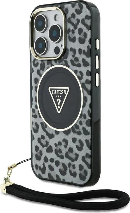 Actual product image Guess HC IML Leopard Triangle Cord Strap MagSafe Case for iPhone 16 Pro Max - Black