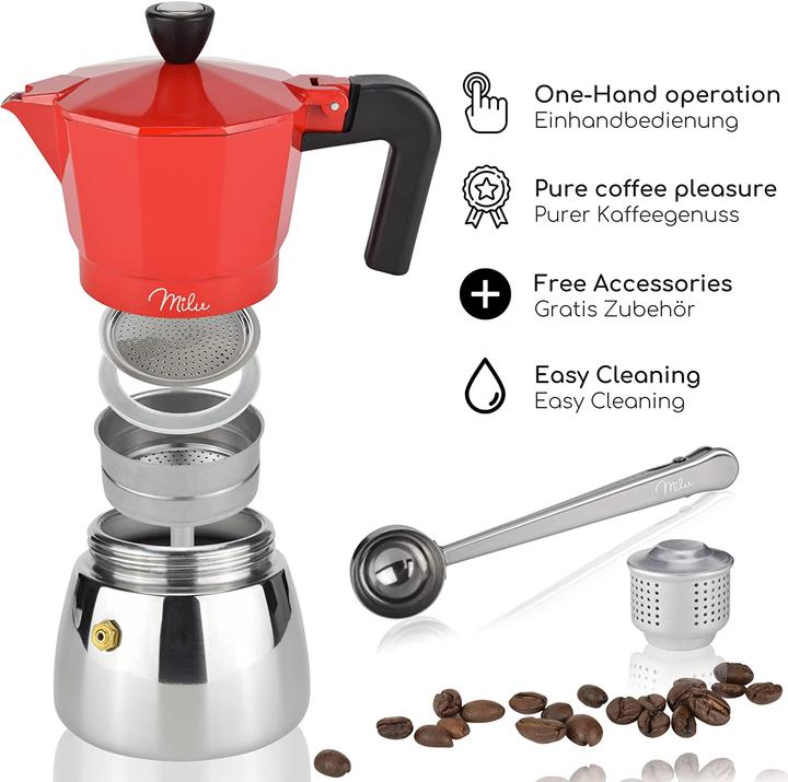 Image du produit Milu Cafetière Espresso Adaptée à l'induction Rouge 3 tasses 150ml (3 T.)