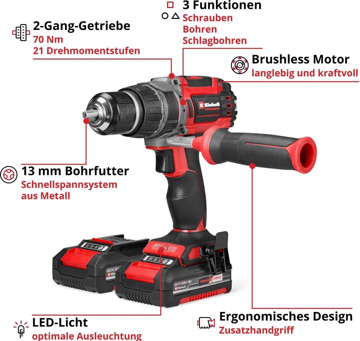 Image du produit Einhell Akku-Schlagbohrschrauber TP-CD 18/70 Li-i BL (2 x 2.0Ah) (Fonctionnement sur batterie)