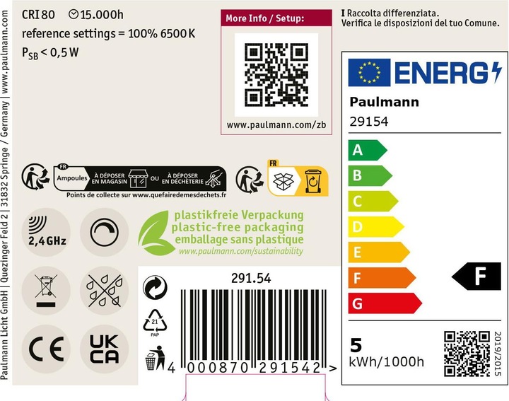 Energy Label Paulmann Tropfen Zigbee Filament (E14, 5 W, 470 lm, 1 x, F)