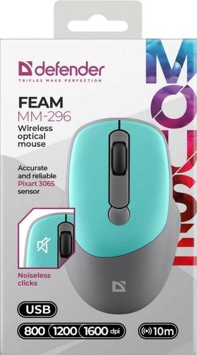Actual product image Defender FEAM MM-296 RF 1600 DPI wireless silent click mouse Mint (Wireless)