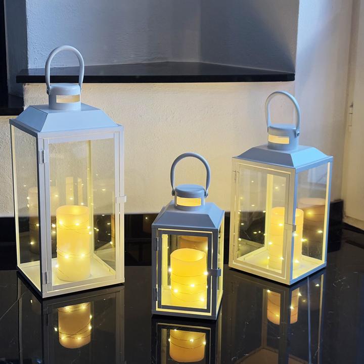 Produktbild Mojawo 3er Gartenlaternen Laternen Metall Windlicht Weiss H24/33/41cm