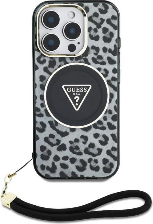 Actual product image Guess HC IML Leopard Triangle Cord Strap MagSafe Case for iPhone 16 Pro Max - Black