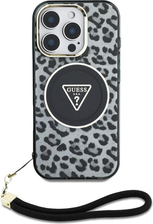 Actual product image Guess HC IML Leopard Triangle Cord Strap MagSafe Case for iPhone 16 Pro Max - Black (Apple iPhone 16 Pro Max)