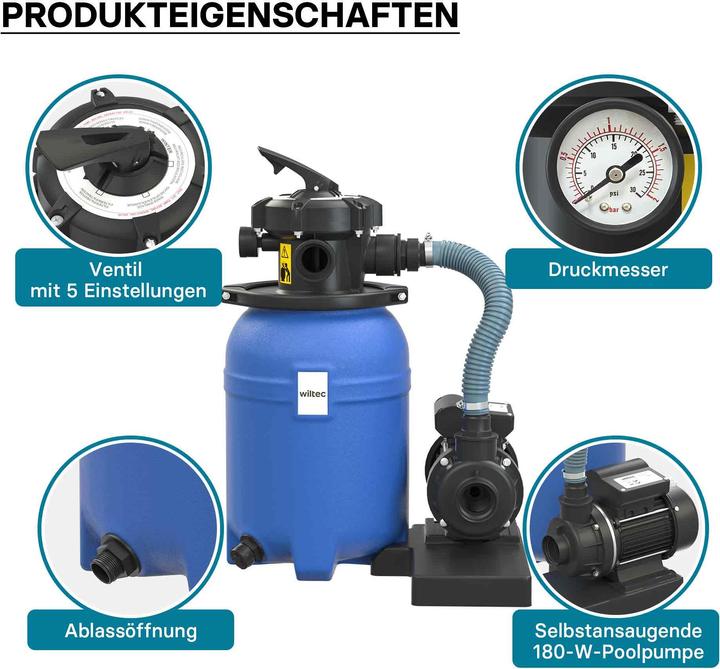 Produktbild Wiltec Sandfilteranlage 180W 14l Filtertank 9000l/h Pool Pumpe Filterpumpe