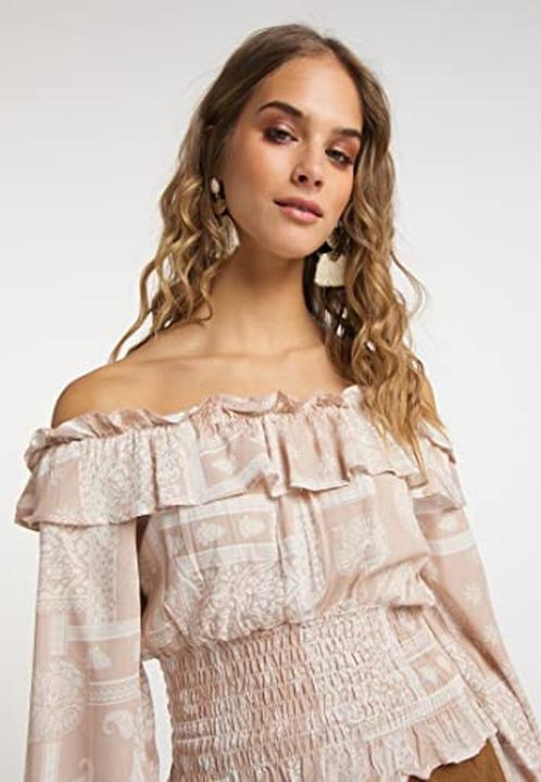 Actual product image Izia Carmenblouse with Ethnic Print, Soft Viscose, Smocked Hem, Neckline Ruffle, Elastic Cuffs (S)