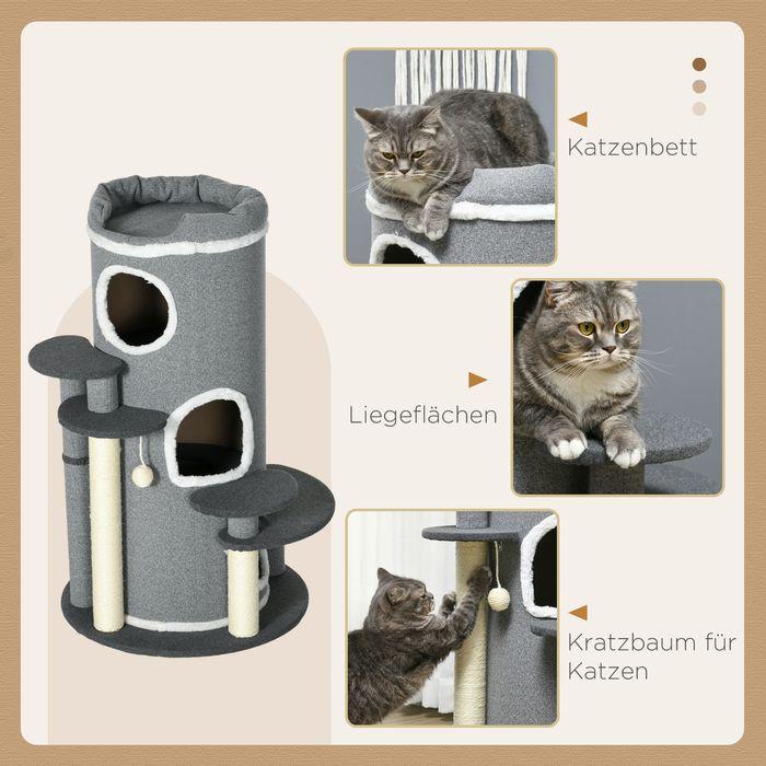 Produktbild Swisshandel24 Katzen Kratztonne 99 cm Spieltonne mit Katzenbett, Spielball & Plattformen, Katzenmöbel, Grau (99 cm, Grau)