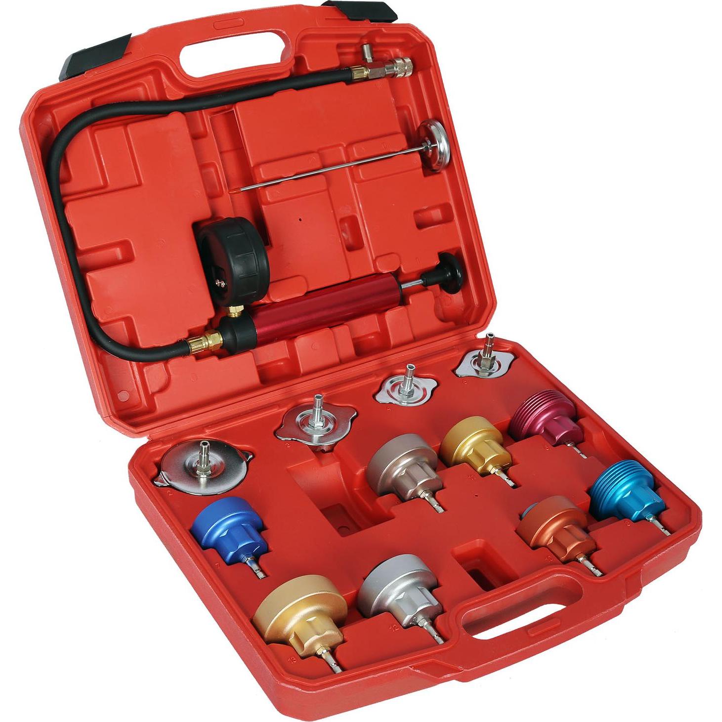 Wiltec, Fahrzeug Werkzeug, 14tlg. Kühlsystemtester Kühlsystementlüfter Kühlsystembefüller Farbkode