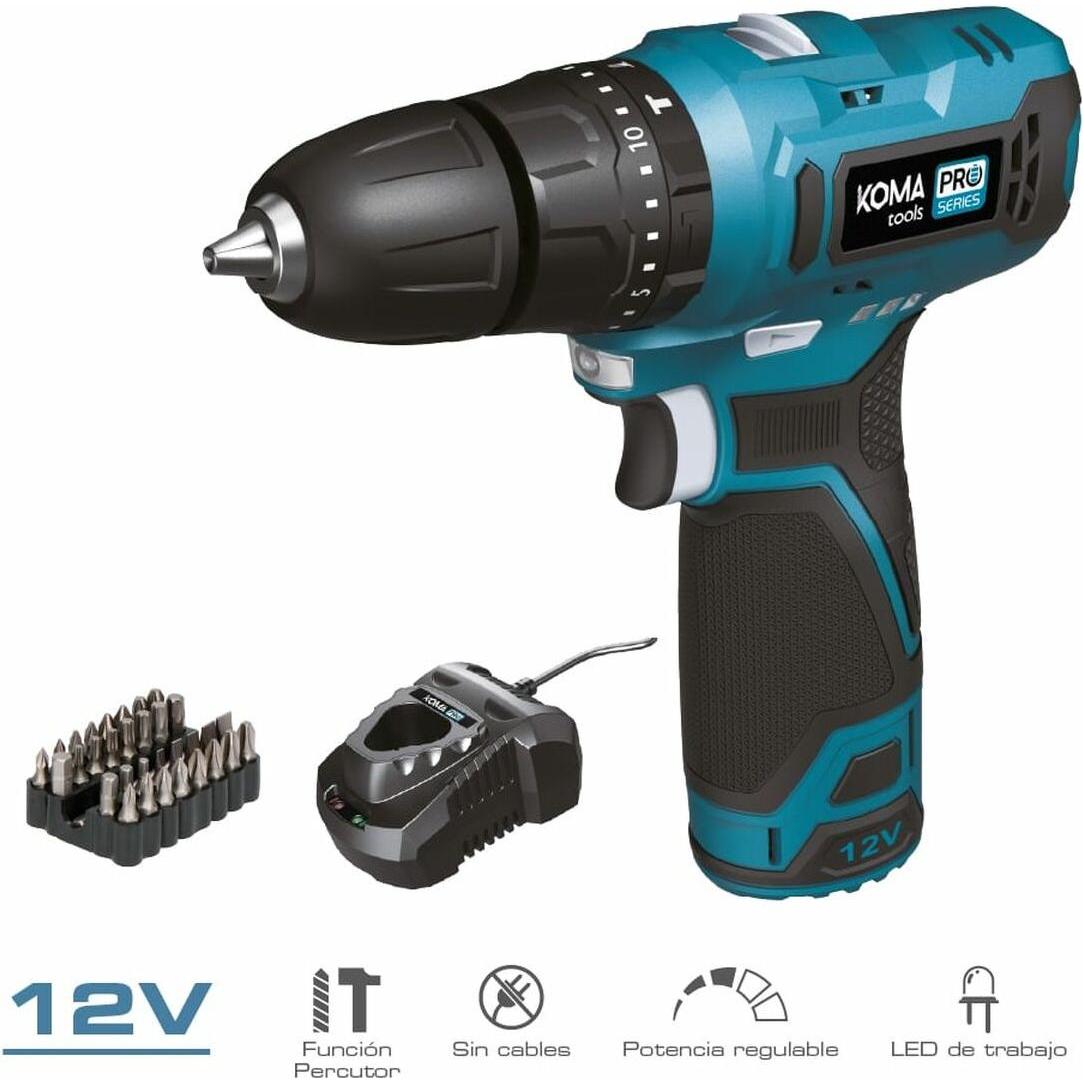 Koma Tools, Trapano + Avvitatore a batteria, 12v hammer drill kit with accessories, battery 2.0ah and charger