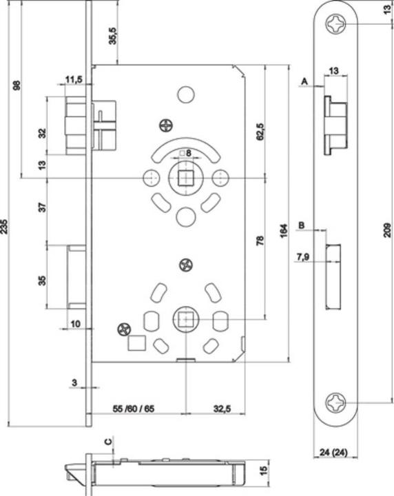 Actual product image SSF Room door mortice lock BAD 20/ 65/78/8 mm DIN right stainless steel rounded class 3 die-cast zinc (Mortise lock)