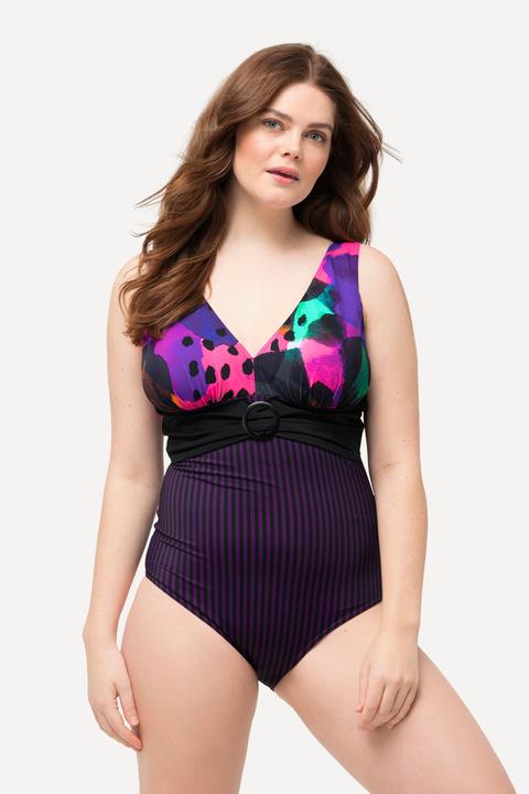 Image du produit Ulla Popken Maillot de bain à imprimé fluo, rayures et bonnets souples. Anneau (62)