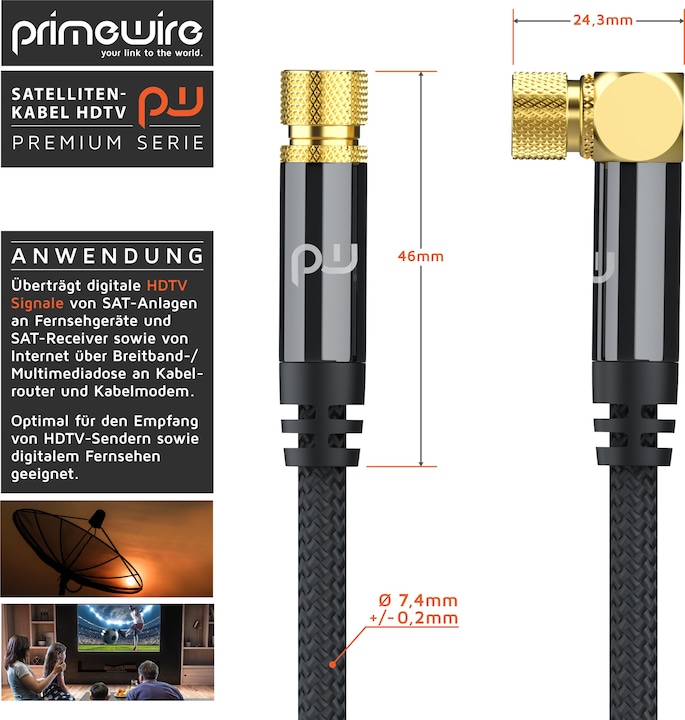 Actual product image Primewire HDTV satellite cable angled with fabric sheathing, SAT cable, 135dB 75 Ohm 4k, F connector, black (135 dB, Antenna cable)
