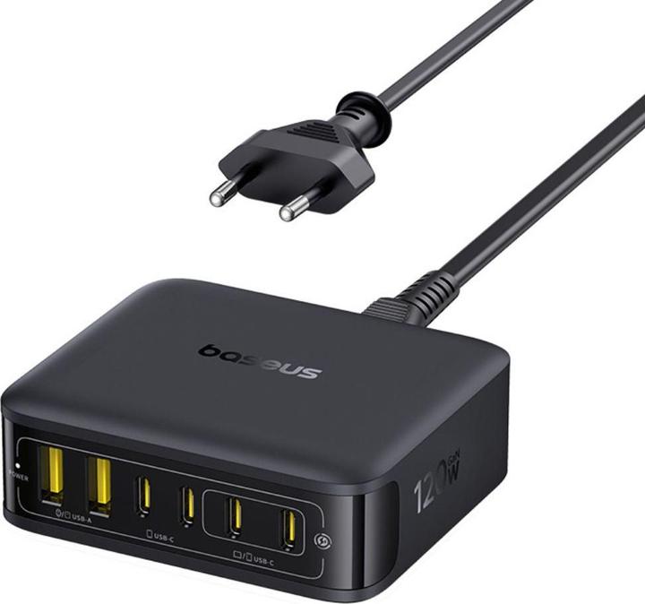 Productafbeelding Baseus - Wall Charger EnerFill FH21 (E0120T) - 4x Type-C, 2x USB, 120W, GaN Technology, 1.5m - Black (120 W, 6 ports)