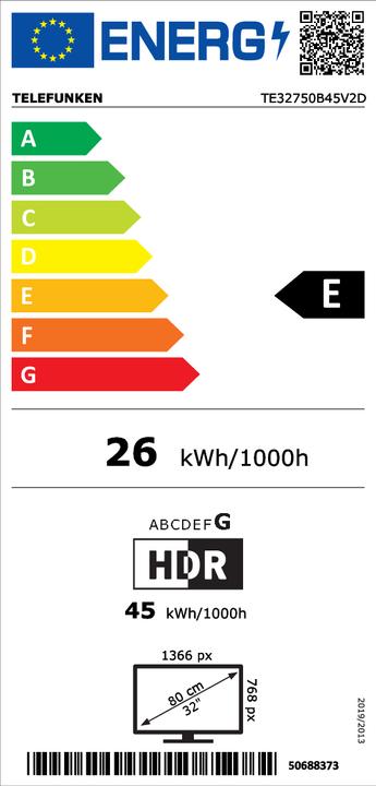 Energie-Label Telefunken TE32750B45V2D TV 81,3 cm (32') HD Smart TV Wi-Fi Schwarz 250 cd/m² (32", LED, HD ready)