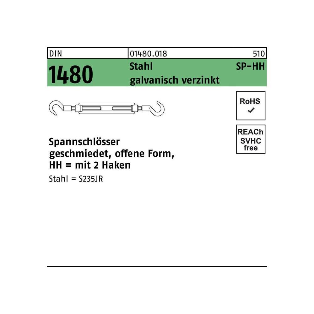 Accessori per stringhe + catene, Tenditore DIN 1480 aperto con 2 ganci SP HH M 6 acciaio 3,6 zincato
