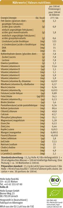 Nutritional values and ingredients Holle Organic starter milk (460 g, up to 12 M.)