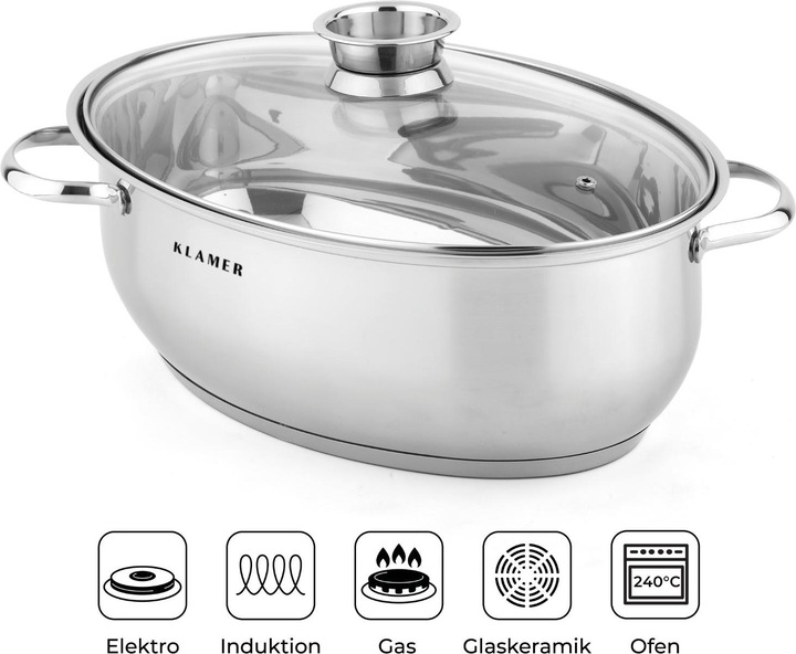 Produktbild KLAMER Edelstahl Bräter mit Deckel 38 cm, backofengeeignet, 8.5L mit 4L Deckelpfanne, für alle Herdarten (38 cm, Bräter + Schmortopf, Edelstahl)