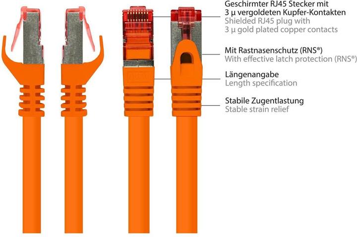 Produktbild Good Connections RNS® Patchkabel mit Rastnasenschutz, Cat. 6, S/FTP, PiMF, PVC, 250MHz, orange, 10m (S/FTP, PiMF, CAT6, 10 m)