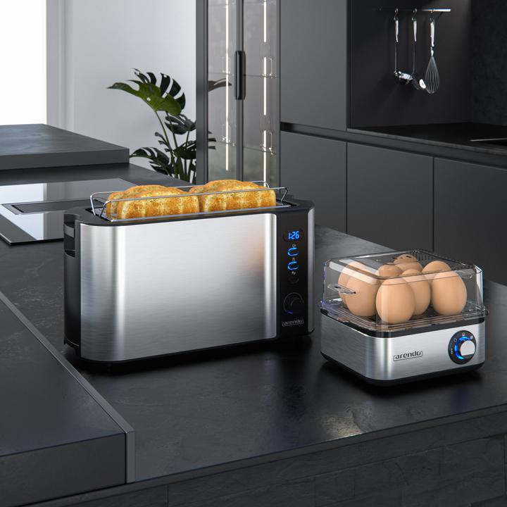 Produktbild Arendo Frühstücks Set, 4 Scheiben Langschlitz Toaster mit Brötchenaufsatz & Eierkocher für 8 Eier, Silber