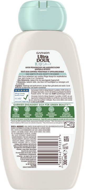 Image du produit Garnier Ultra Doux Shampooing doux au lait d'avoine 2 en 1 pour enfants (300 ml, Shampoing liquide)