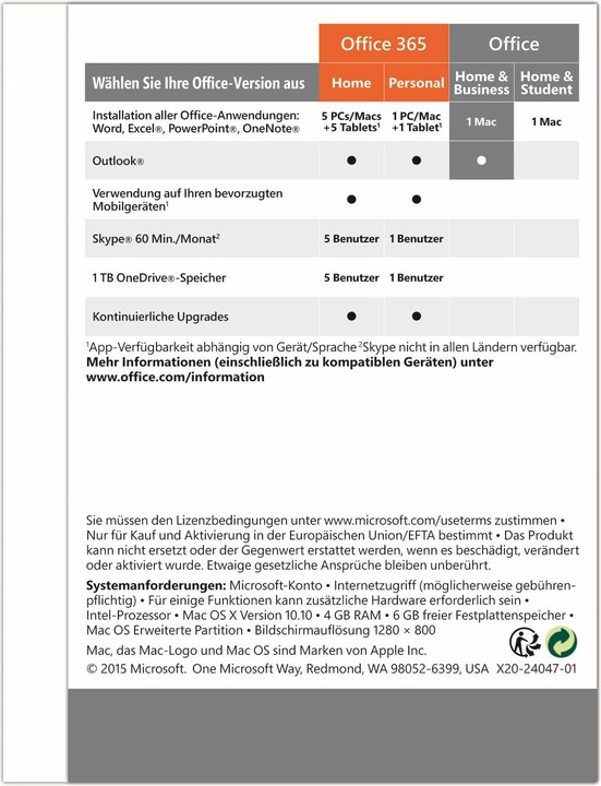 Produktbild Microsoft Office 2016 Home and Business (1 User, 12 Monate)