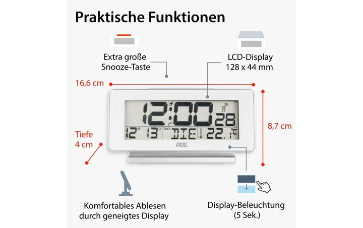 Actual product image ADE Digital alarm clock white, Functions: Snooze function