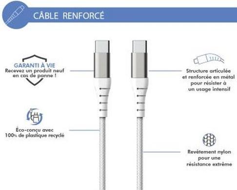 Image du produit Force Power Câble renforcé USB C / USB C 3A 60W avec 12.000 courbures 1,2m (1.20 m, USB 2.0, 60 W)
