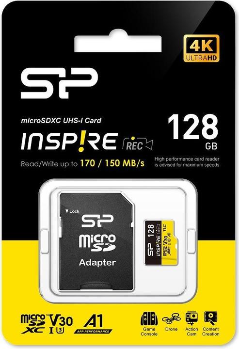Produktbild Silicon Power Speicherkarten Inspire 128GB, DDR200, W/A, CL10, V30, A1, TF SDXC UHS-IU3 (128 GB, microSDXC, U3, UHS-I)