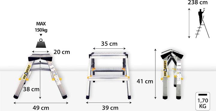 Actual product image Drabest Klappbare Trittleiter mit 2 Stufen (Folding step, Stile, 39 cm)