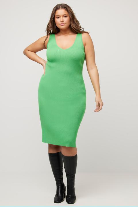Produktbild Ulla Popken Strickkleid, Rippstrick, Slim, Midilänge, V-Ausschnitt, ärmellos (56)