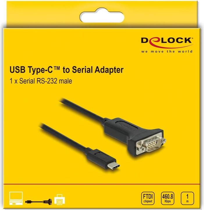 Produktbild Delock Adapter USB Type-C™ zu 1 x Seriell RS-232 D-Sub 9 Pin Stecker mit Muttern 1 m (1 m)