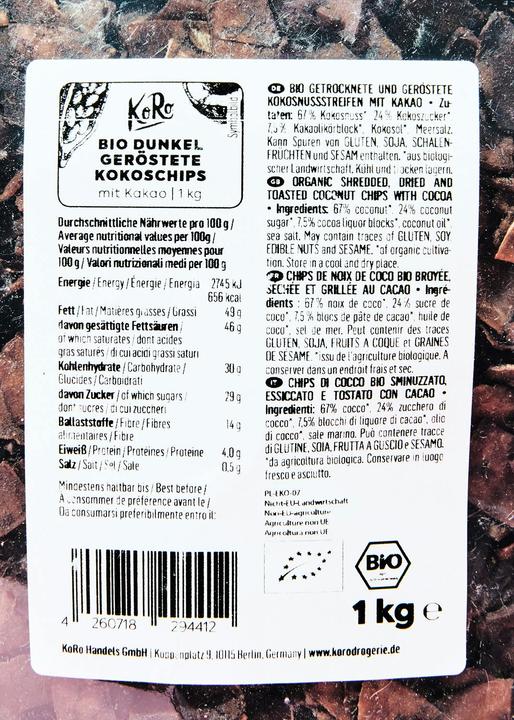 Nutritional values and ingredients KoRo Organic dried and roasted coconut strips with cocoa (1000 g)