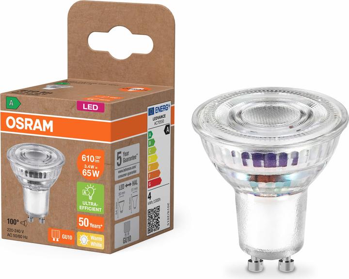 Produktbild Osram 4099854267802 LED-Reflektorlampe EEK A - G GU10 Reflektor 3.3 W 65 Warmweiss (GU10, 3.40 W, 610 lm, 6 x, A)