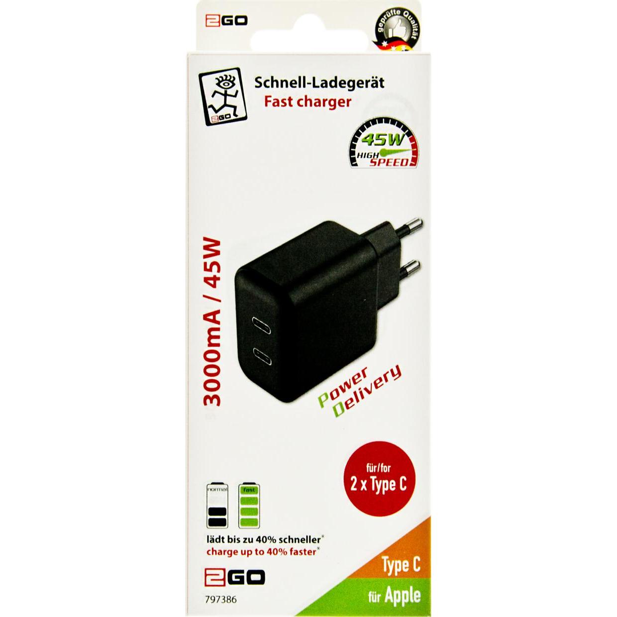 Thumbnail - 2GO Netz-Ladegerät 100V-240V 2x USB Type C 3000mA schwarz, USB Ladegerät, Schwarz