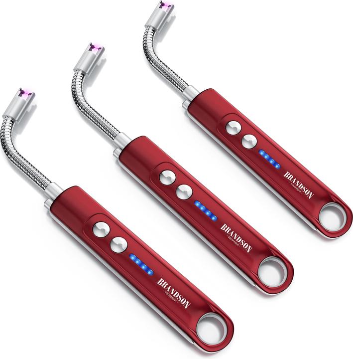 Produktbild Brandson 3x Feuerzeug elektrisch, Lichtbogen Stabfeuerzeug USB aufladbar, Kerzenanzünder, Grillanzünder rot