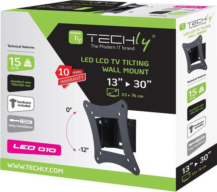 Produktbild Techly Klammer - für Flachbildschirm - Schwarz - Bildschirmgrösse: 33-76.2 cm (13"-30") (Wand, 30", 15 kg)