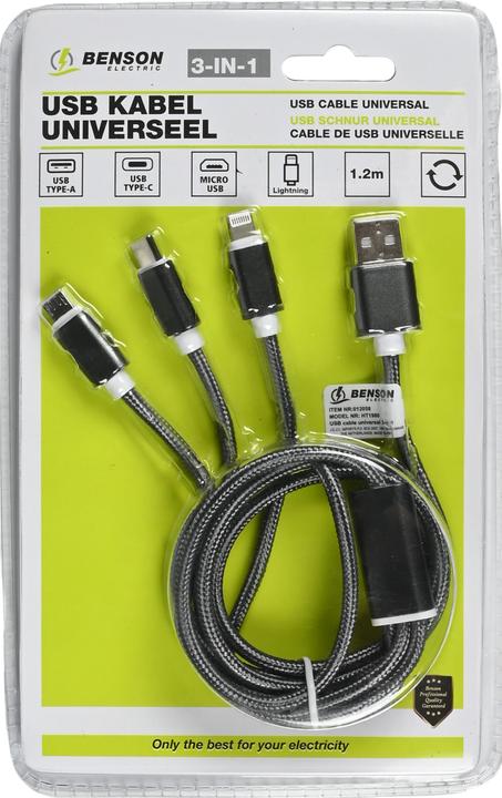 Actual product image Benson Electric 3in1 universal USB charging cable, micro USB, USB type C and Lightning, 120 cm (1.20 m)