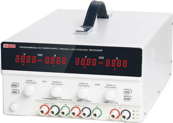RS PRO 0-30V, 0-5A*2 adjustable, 5V, 3.3V, 2.5V