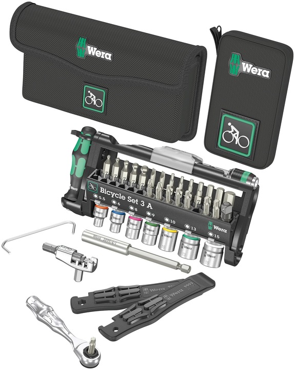 Productafbeelding Wera Fietsset 3 A (Kruis Phillips PH M1, Phillips kruis PH M2, Zeskantbus TX M10, Zeskantbus TX M15, Zeskantbus TX M27, Zeskantbus TX M20, Zeskantbus TX M25, Zeskantbus TX M30, Zeskantig M6, Zeskantig M8, Zeskantig M10)