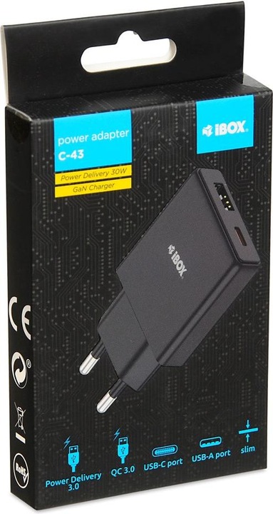 Actual product image iBox C-43 Slim GaN PD30W mains charger black (30 W)