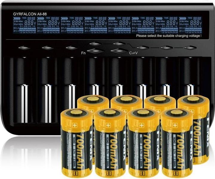 Immagine prodotto AccuCell 8x caricatore rapido e 8 pezzi CR123 A batteria Li-ion (1 pz., CR123A, 760 mAh, Batteria + Caricabatterie)