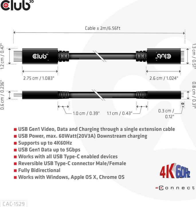 Produktbild Club 3D USB-C – USB-C (2 m, USB 3.0, 60 W)