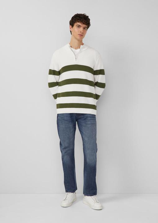 Produktbild s.Oliver Strickpullover Gestreifter Baumwoll-Strickpullover mit Troyer-Kragen (M)