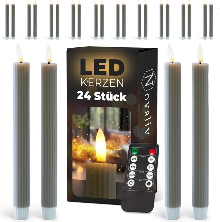 Produktbild Novaliv LED Stabkerzen 12 Stück ECHTWACHS gerippt TAUPE GRAU mit Timer Funktion 6 Stunden 23cm Höhe für (12x)