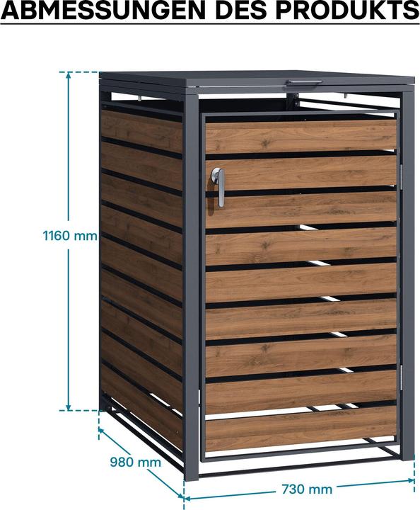 Actual product image Wiltec Waste bin box for one bin Wood-look hinged lid Waste bin cover