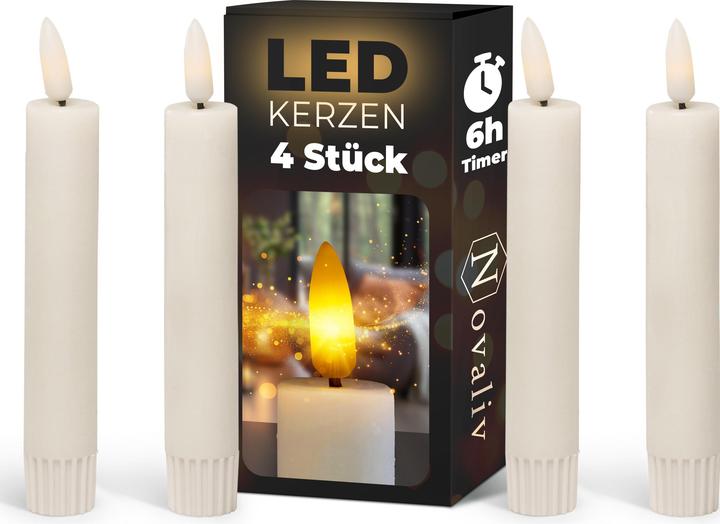 Produktbild Novaliv 4x Stabkerze LED bewegliche Flamme Wachs - Echtwachs Weiss - Indoor - 12,5cm Höhe für 2,2cm (4 x)
