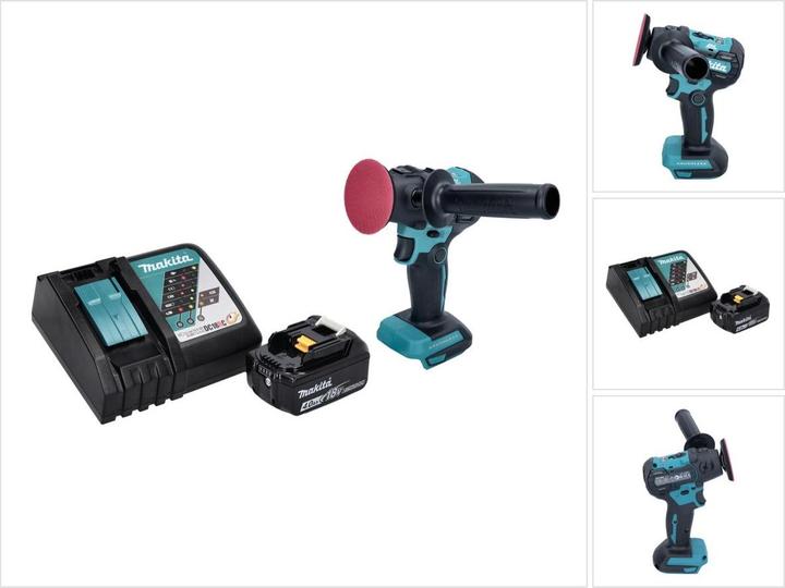 1x Makita DPV 300 Akku Schleifer Polierer, 1x Seitengriff 30, 1x Klett Schwamm, 1x Polierhaube, 2x Schleifteller, 1x Adapter, 1x Makita BL 1840 B 18 V 4,0 Ah Akku, 1x Makita DC 18 RC Akku Ladegerät