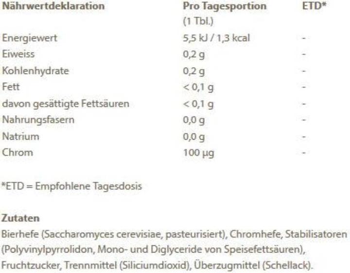 Valeurs nutritives et ingrédients Burgerstein Chromvital (150 Tabs) (150 pcs, Cachets, 34 g)