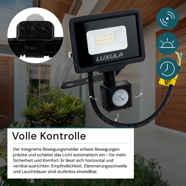 Actual product image Luxula LED floodlight with motion detector, EEK: F, 10W, 1000lm, 4000K, black (1000 lm, E10, IP65)